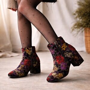 Floral Velvet Ankle Boots Chunky Block Heel Tapestry Zip Retro Y2K Size 10W